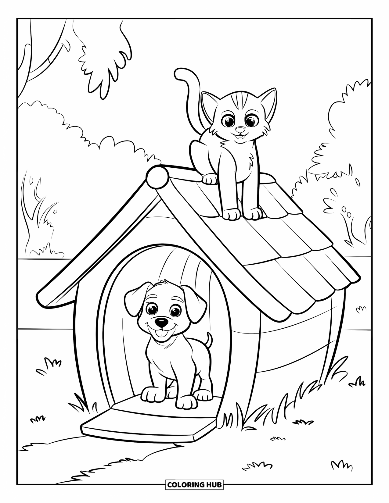 Puppy And Kitten Coloring Page for Kids: A puppy peeks from a doghouse while a kitten perches proudly on the roof