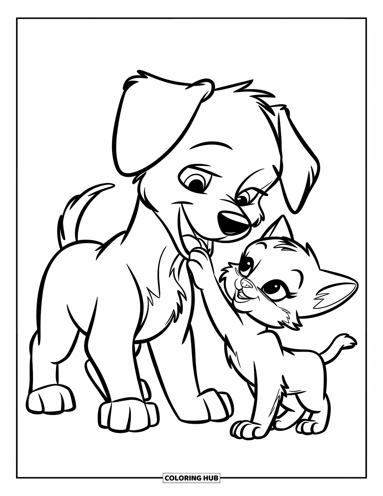 Puppy And Kitten Coloring Page for Kids: A puppy wags its tail as a kitten gently touches its nose