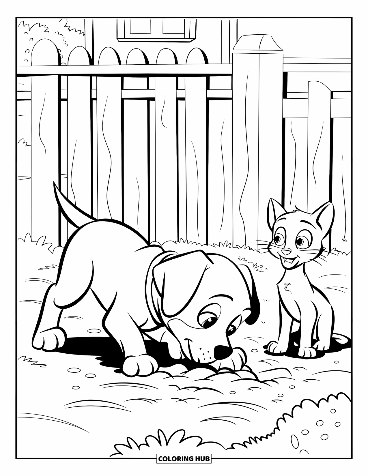 Puppy And Kitten Coloring Page for Kids: A puppy wearing a collar digs while a kitten looks on curiously