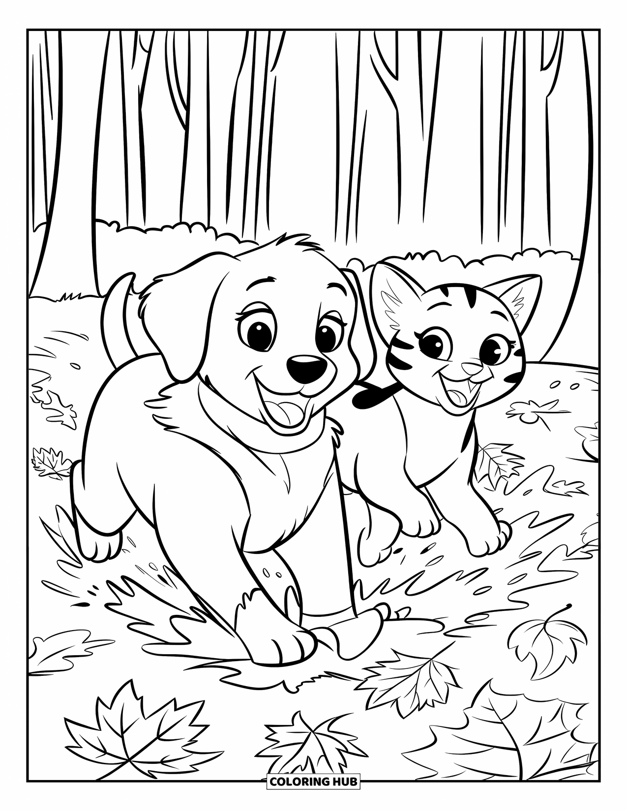 Puppy And Kitten Coloring Page for Kids: Playful pets chase each other through falling golden leaves