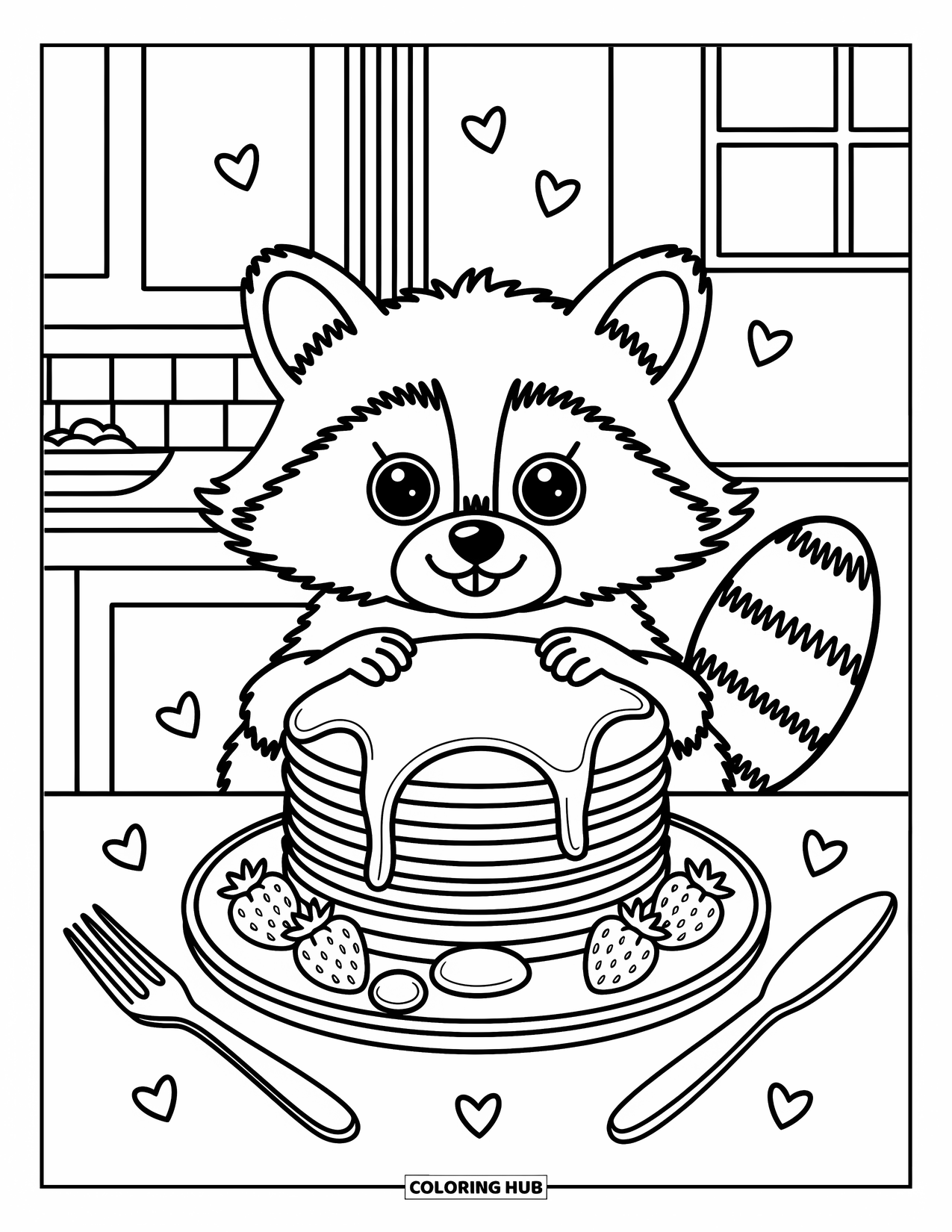 Raccoon Coloring Page for Adults: A raccoon hugs a big pancake stack with syrup and strawberries on the side