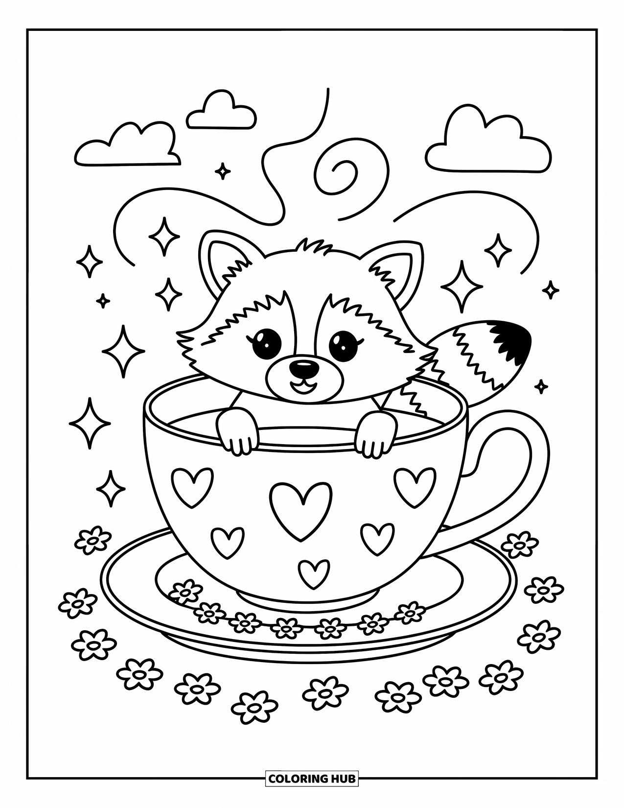 Raccoon Coloring Page for Adults: A raccoon hugs a teacup with hearts and steam rising into soft clouds