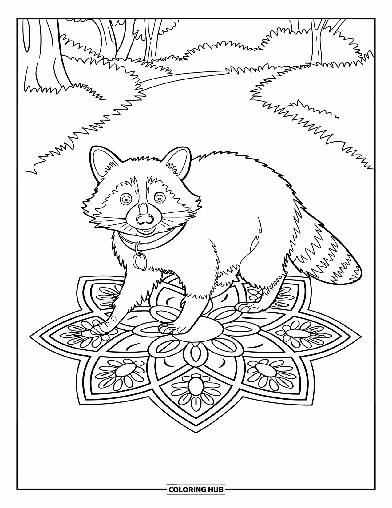 Raccoon Coloring Page for Adults: A raccoon in a collar walks across a flower-covered path lined with trees