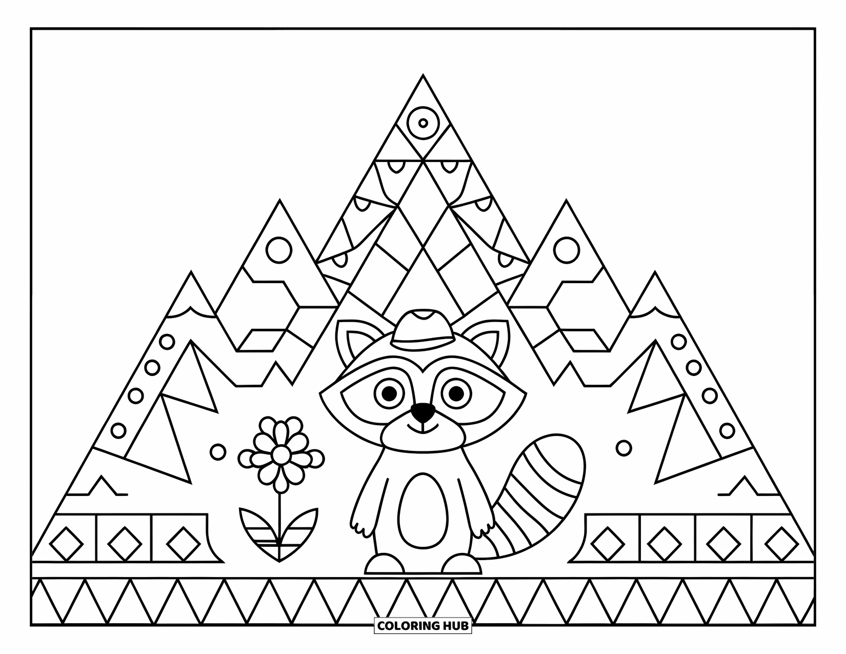 Raccoon Coloring Page for Adults: A raccoon in a hat poses by patterned mountains with flowers and leaves nearby