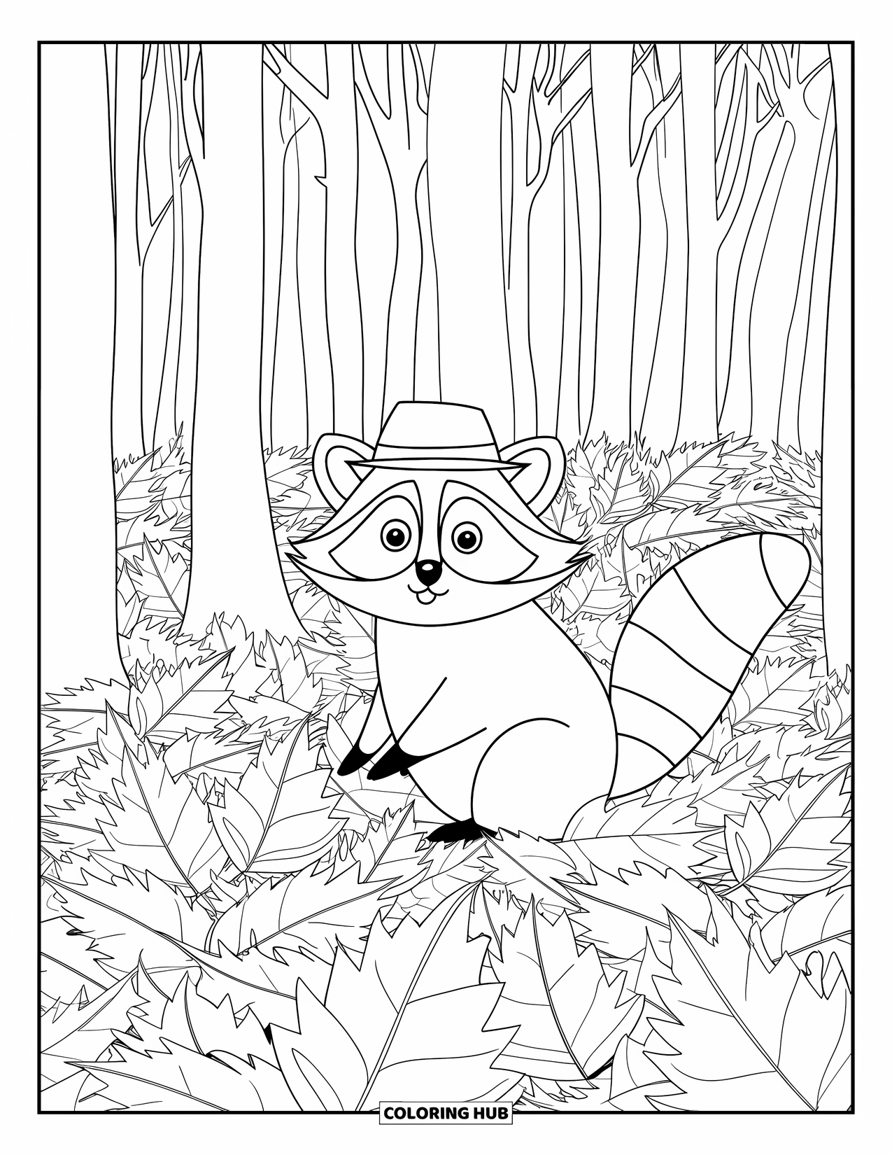 Raccoon Coloring Page for Adults: A raccoon in a hat rests among falling leaves in a tall forest