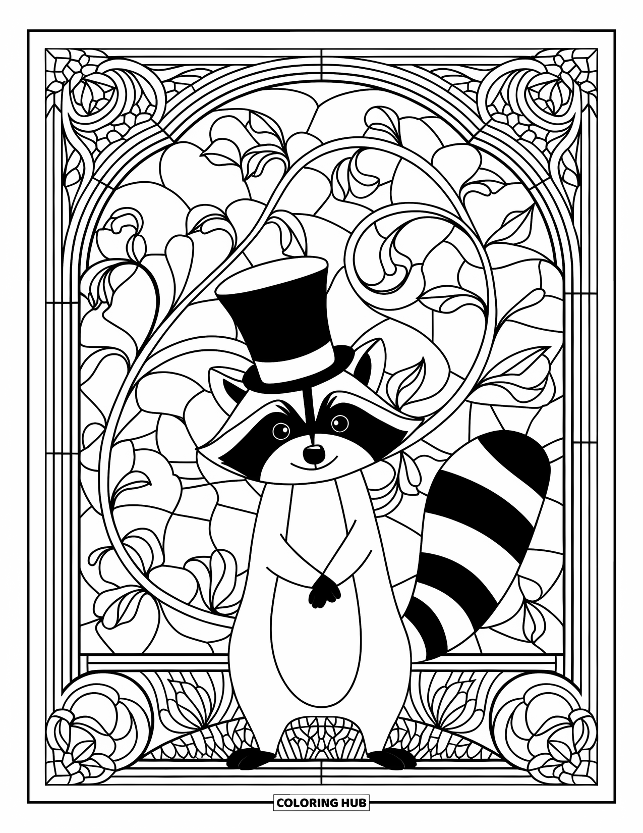 Raccoon Coloring Page for Adults: A raccoon in a top hat stands by stained glass vines and ornate frames