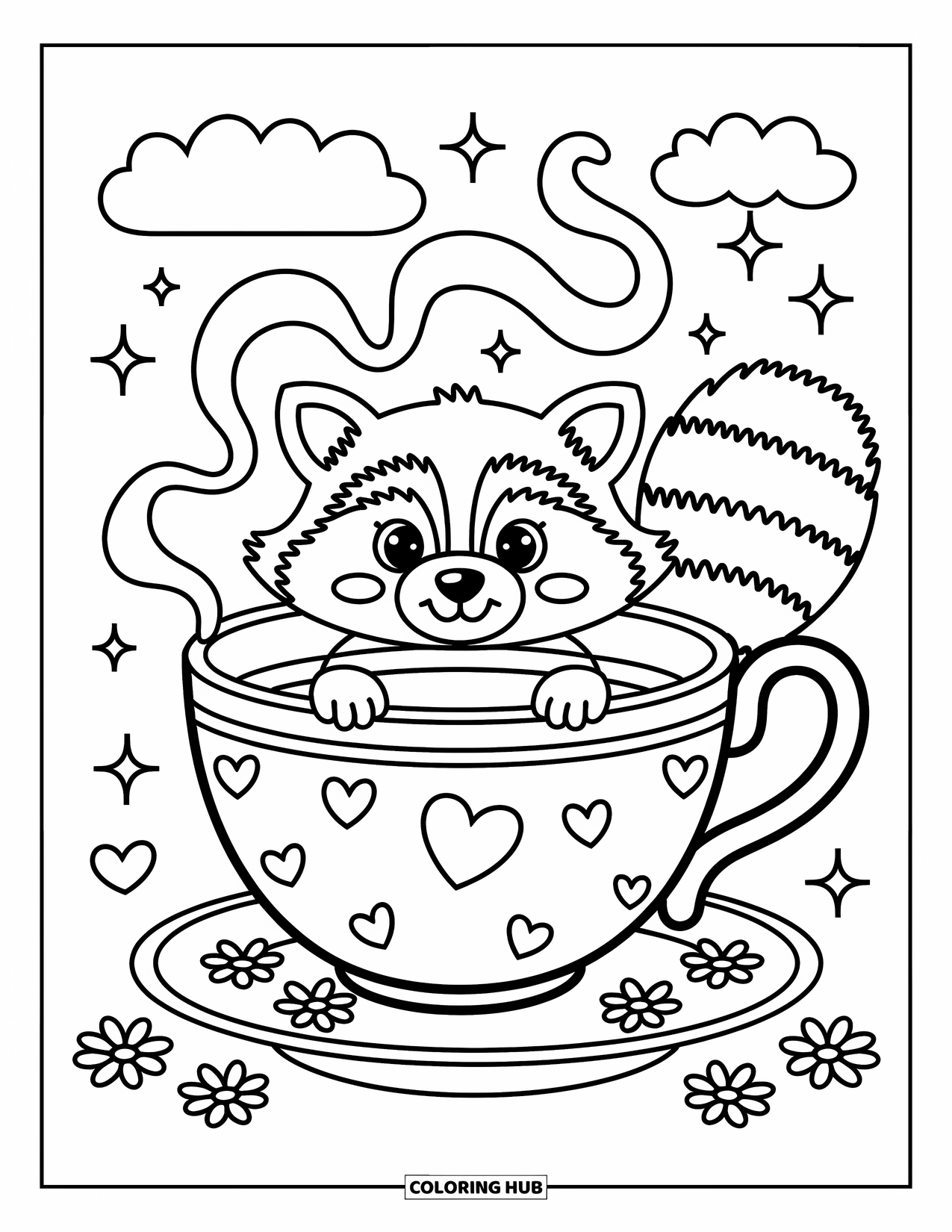 Raccoon Coloring Page for Adults: A raccoon peeks from a teacup with steam swirls and flower petals below