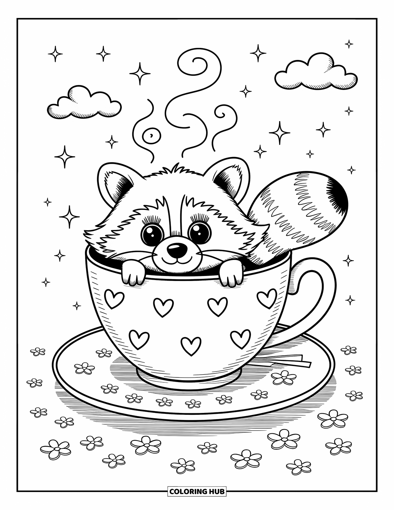 Raccoon Coloring Page for Adults: A raccoon peeks over a teacup rim with stars, steam, and gentle sparkles