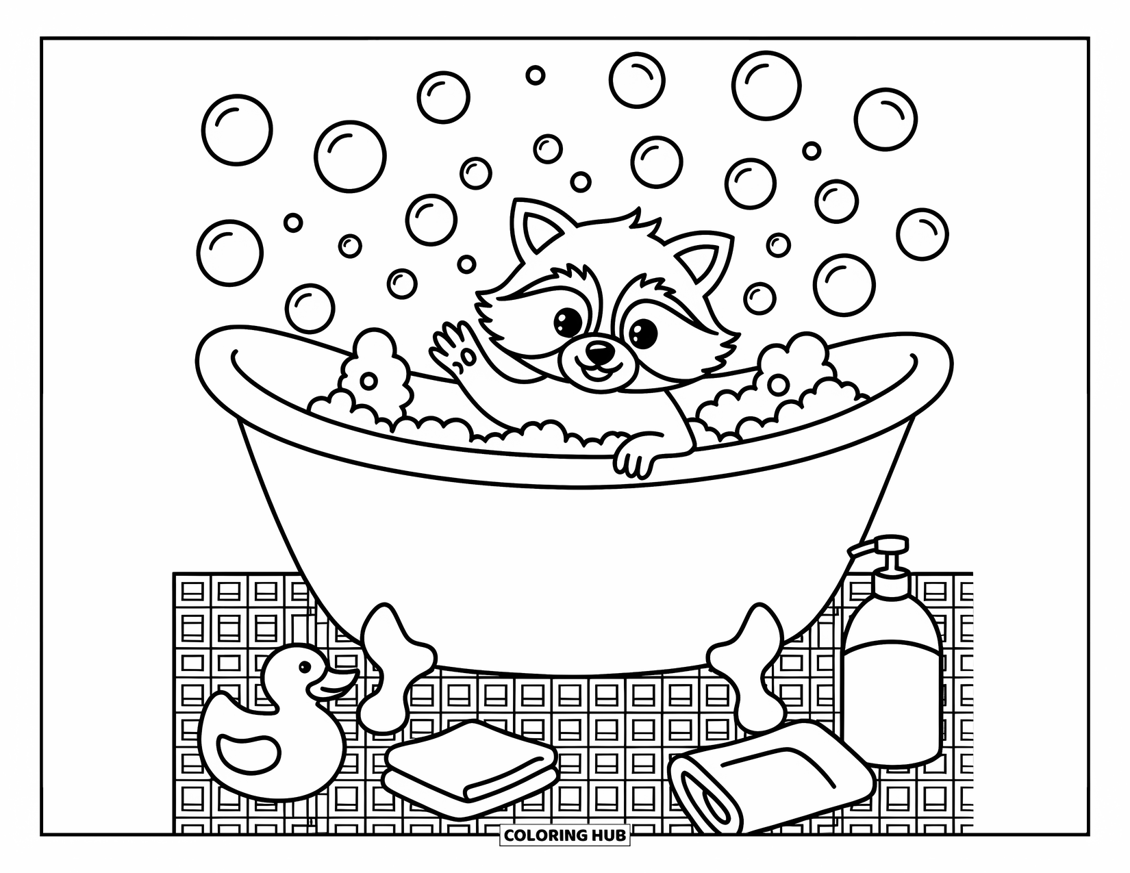 Raccoon Coloring Page for Adults: A raccoon plays with bubbles in a vintage tub near a rubber duck and soap