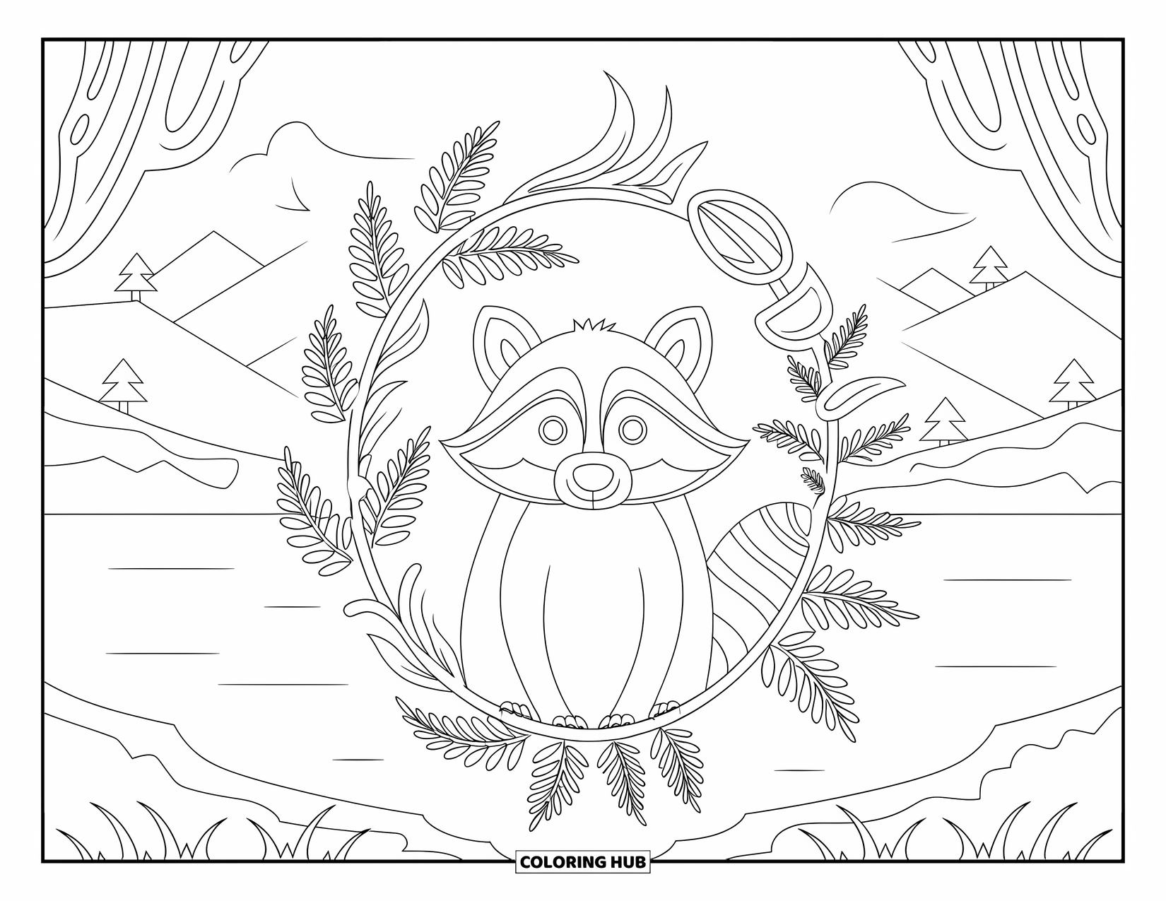 Raccoon Coloring Page for Adults: A raccoon sits framed by ferns and ivy in a peaceful mountain landscape