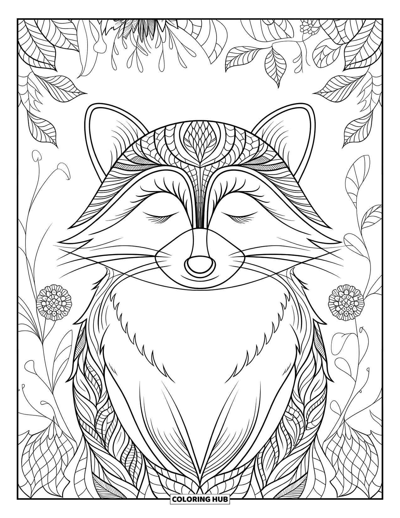Raccoon Coloring Page for Adults: A raccoon sits peacefully, surrounded by a mandala of plants and floral patterns