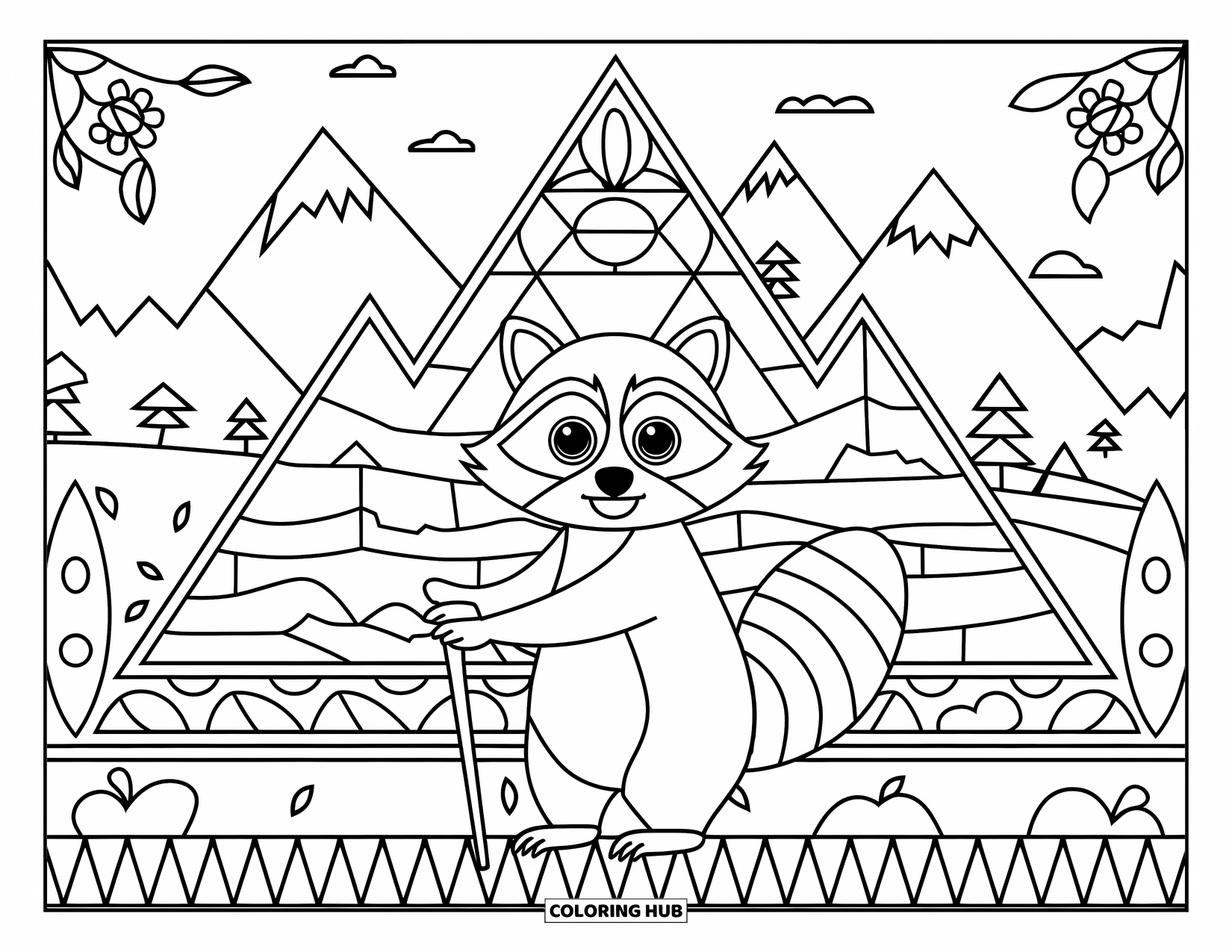 Raccoon Coloring Page for Adults: A raccoon stands by a mountain mosaic with flowers, trees, and water around