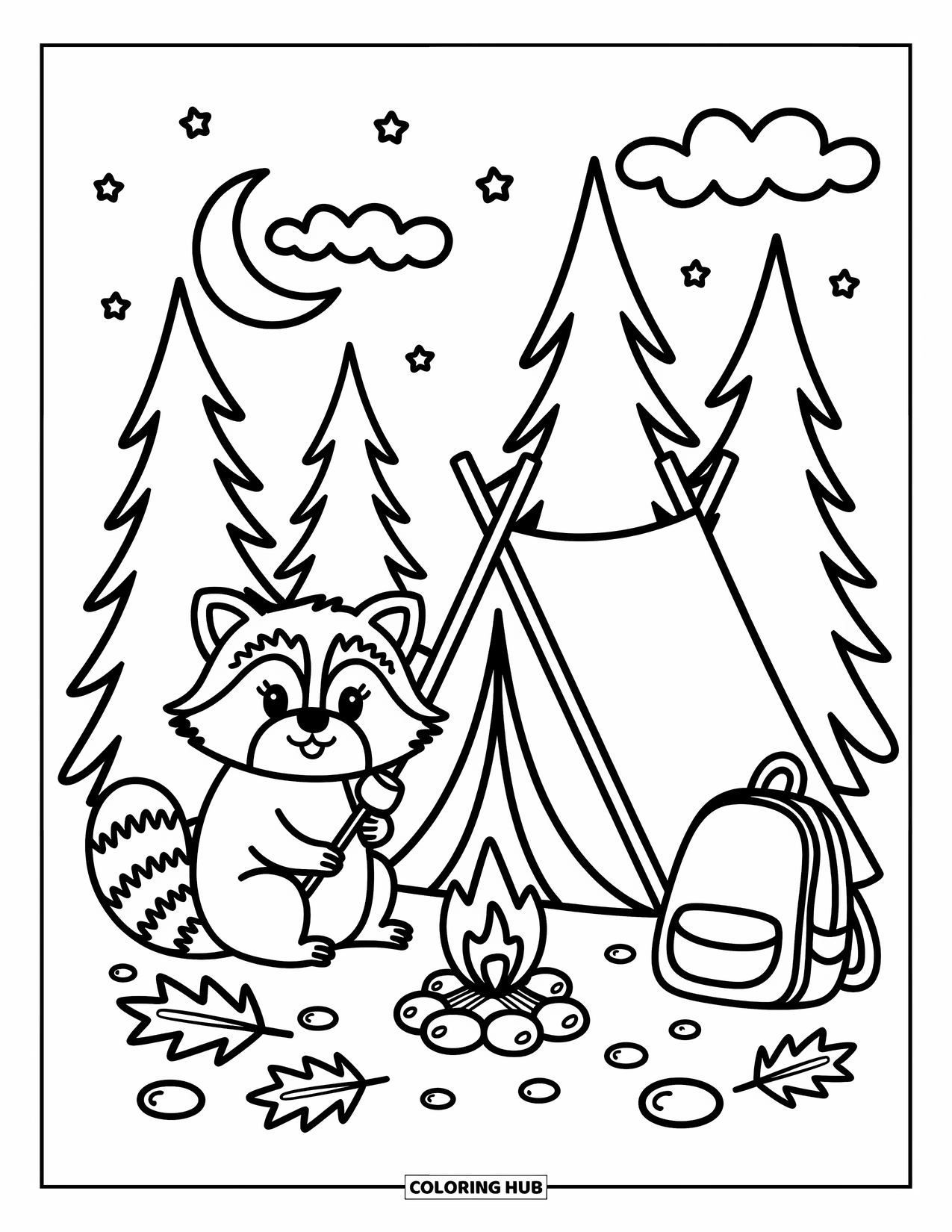 Raccoon Coloring Page for Adults: A raccoon toasts a marshmallow at camp under pine trees and a crescent moon