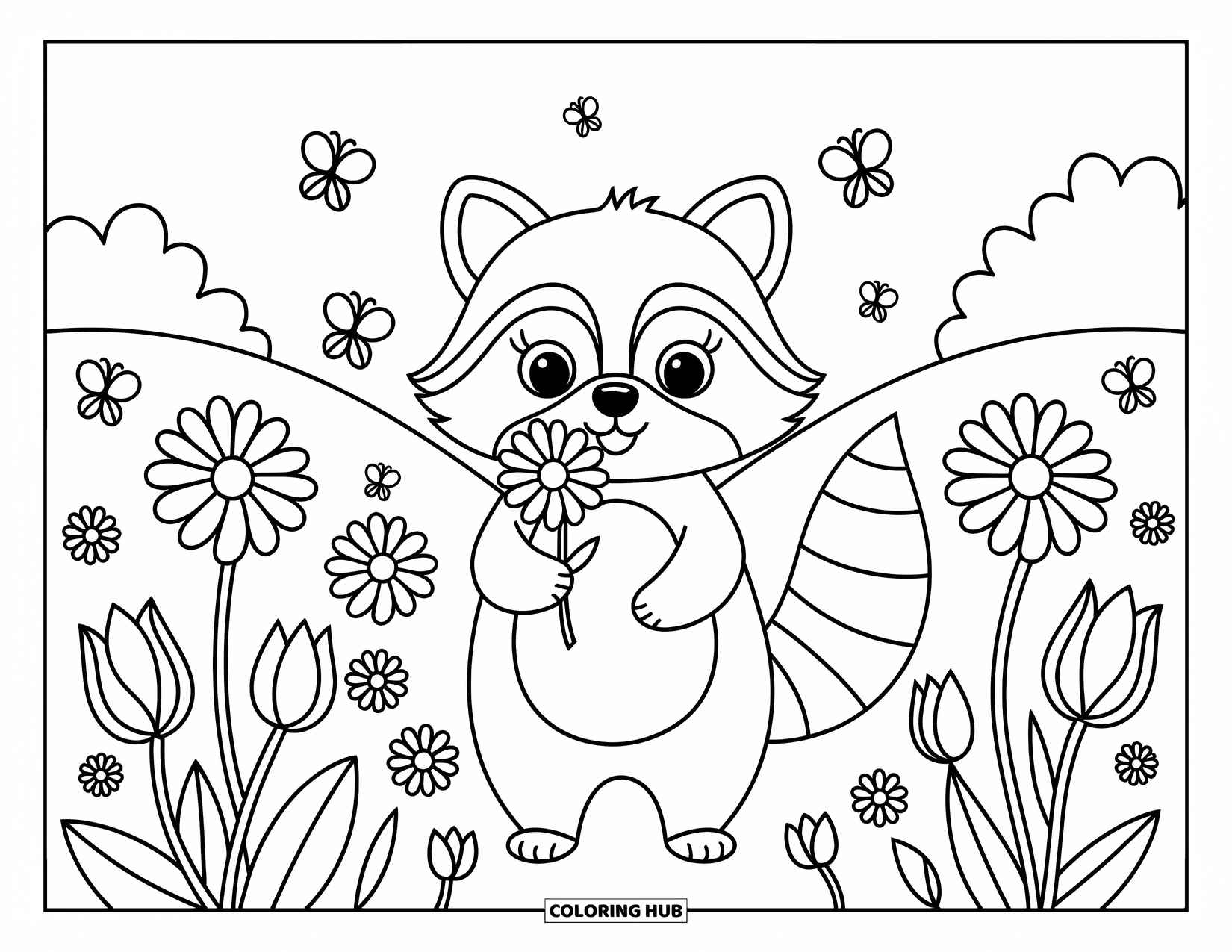 Raccoon Coloring Page for Adults: A sweet raccoon holds a flower while butterflies flutter in a flower-filled field