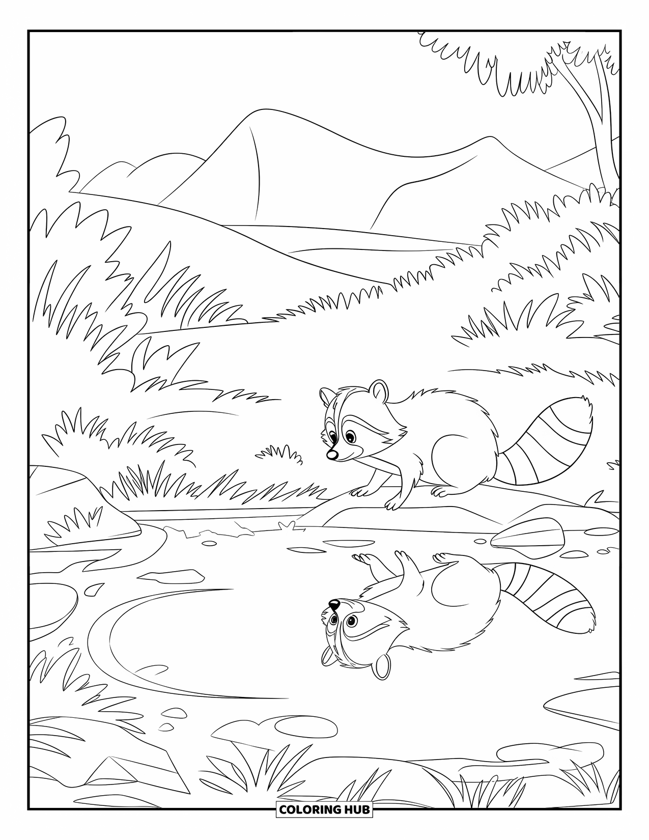 Raccoon Coloring Page for Kids: A fluffy raccoon sits near a pond surrounded by greenery and mountains
