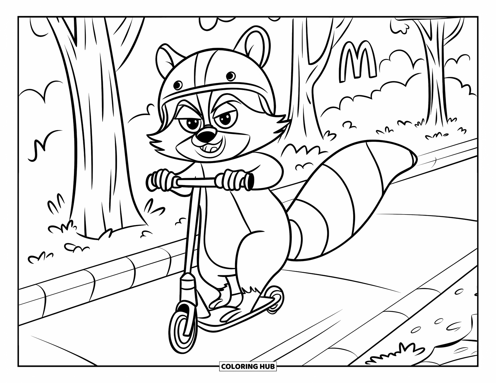 Raccoon Coloring Page for Kids: A grimacing raccoon on a scooter zooms past trees and a golden arches sign