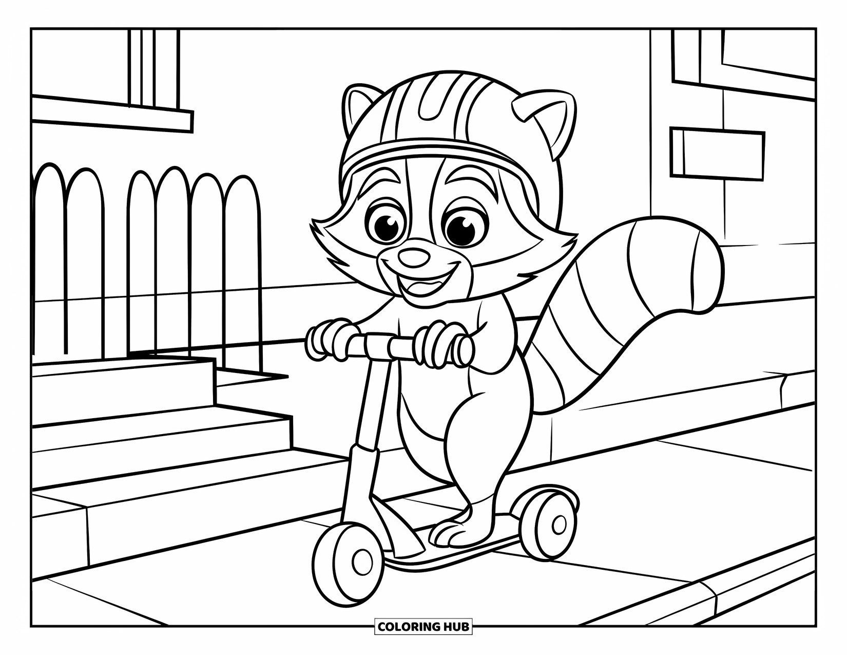 Raccoon Coloring Page for Kids: A happy raccoon rides a scooter beside a short fence and buildings