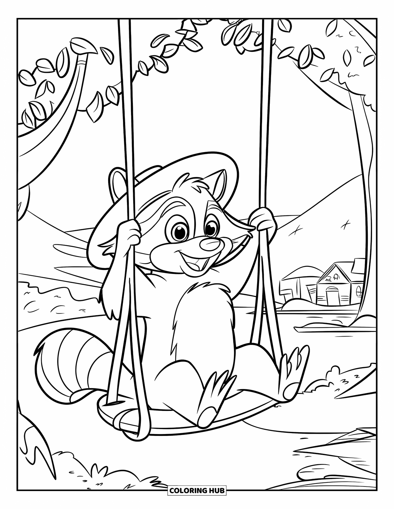 Raccoon Coloring Page for Kids: A happy raccoon swings on a vine between trees near water and buildings