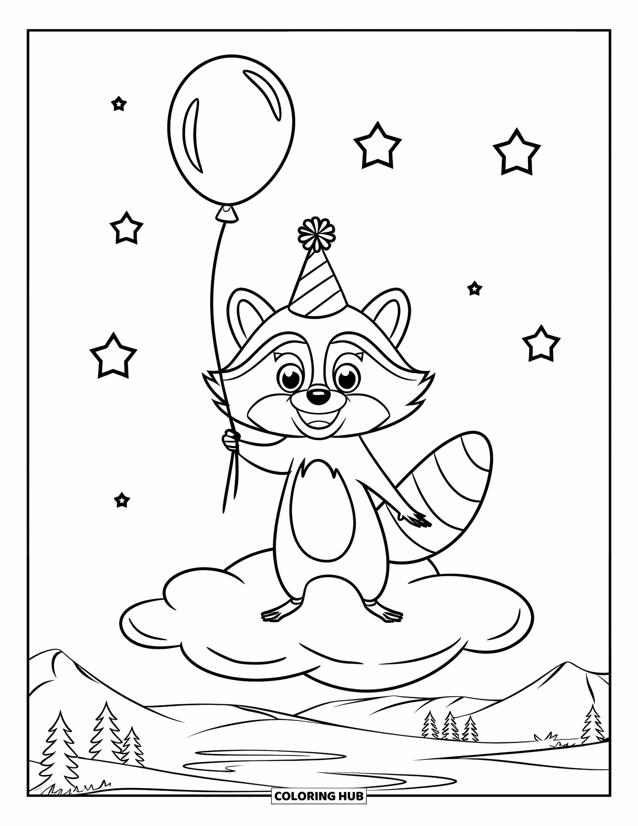 Raccoon Coloring Page for Kids: A party raccoon in a hat holds a balloon while standing on a cloud