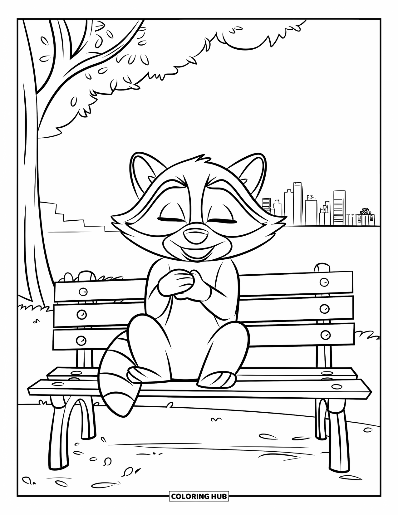 Raccoon Coloring Page for Kids: A raccoon holds its heart on a bench near city towers and trees
