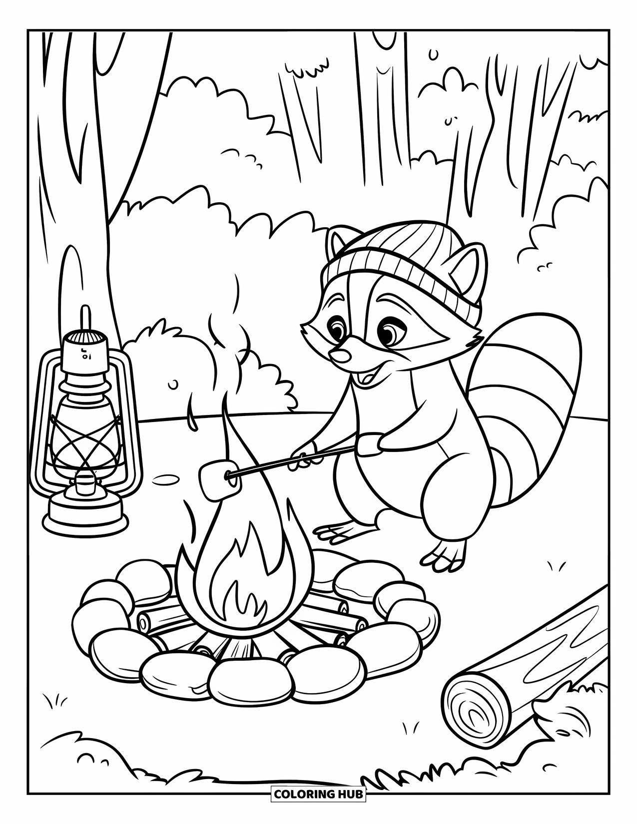 Raccoon Coloring Page for Kids: A raccoon in a beanie roasts a marshmallow near logs and lanterns