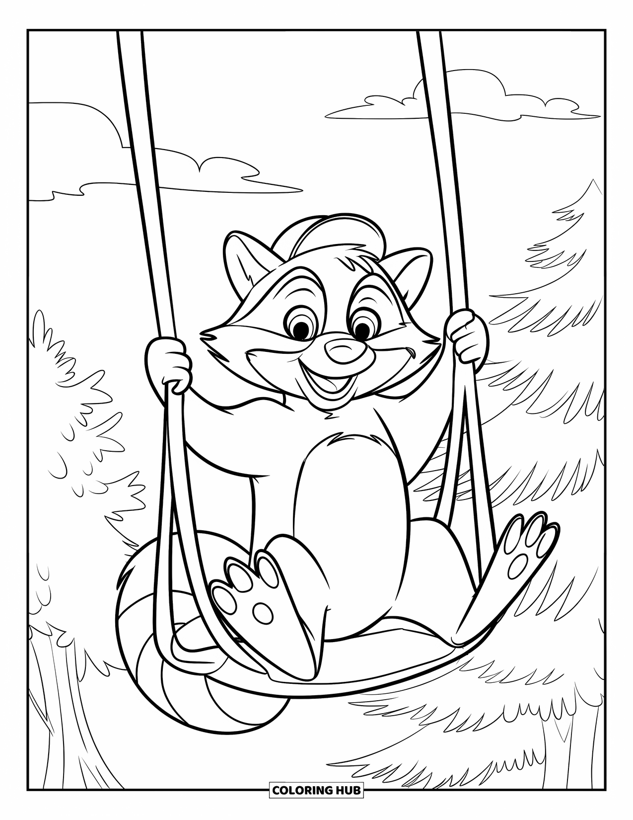 Raccoon Coloring Page for Kids: A raccoon in a cap swings on a vine surrounded by green trees and sky