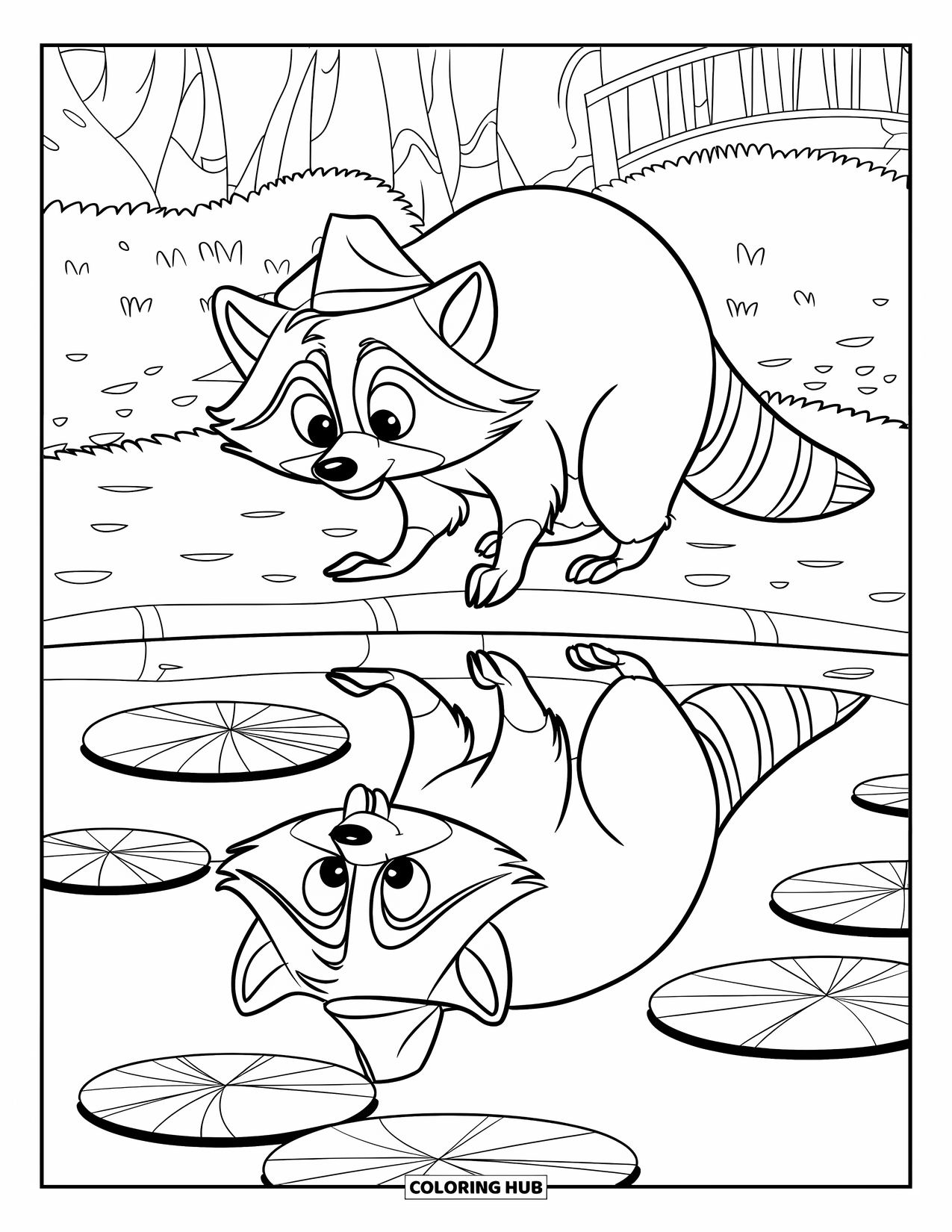 Raccoon Coloring Page for Kids: A raccoon in a hat looks at its pond reflection near lily pads and trees
