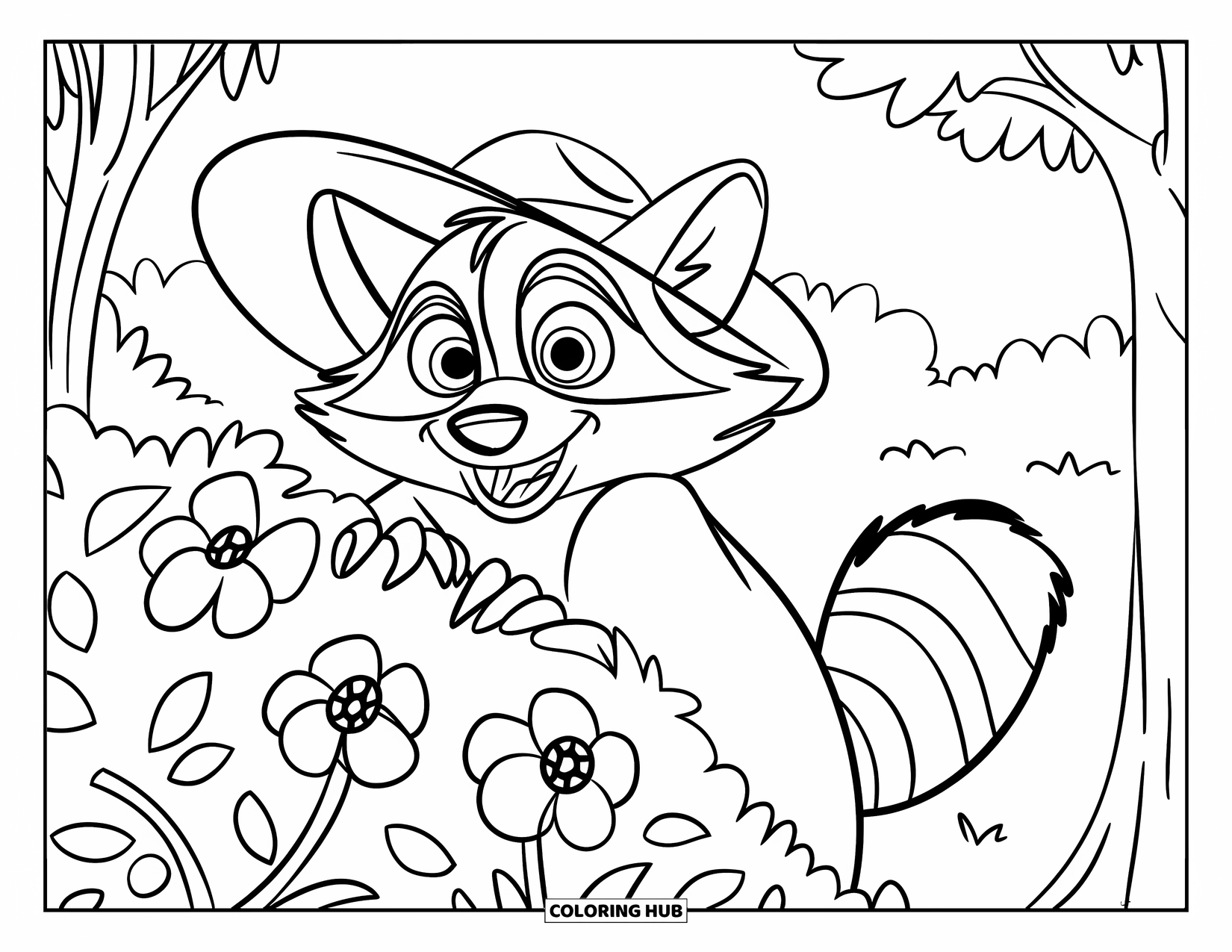 Raccoon Coloring Page for Kids: A raccoon in a hat peeks from behind a bush of blooming flowers