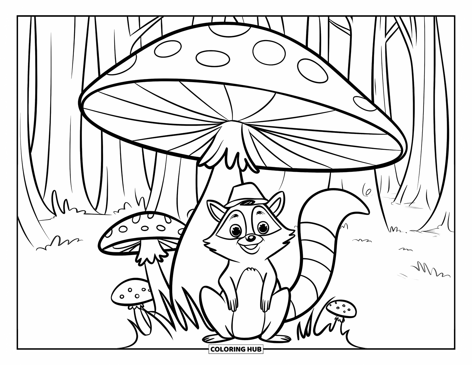 Raccoon Coloring Page for Kids: A raccoon in a hat sits under a mushroom with others nearby in the woods