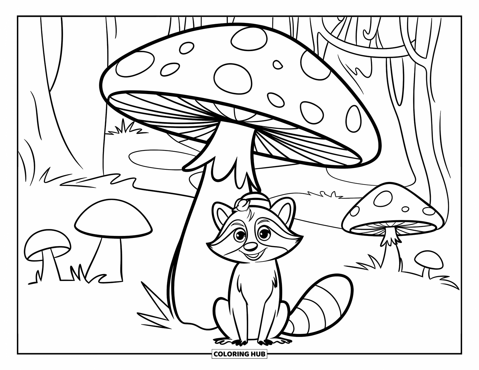 Raccoon Coloring Page for Kids: A raccoon in a little hat rests beneath a giant mushroom in a magical forest