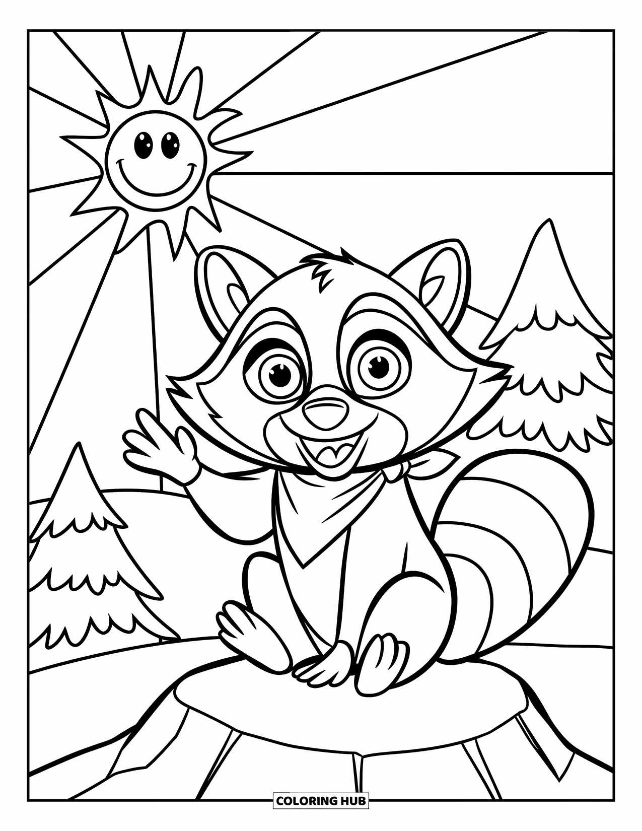 Raccoon Coloring Page for Kids: A raccoon in a scarf waves from a rock under a sunny sky
