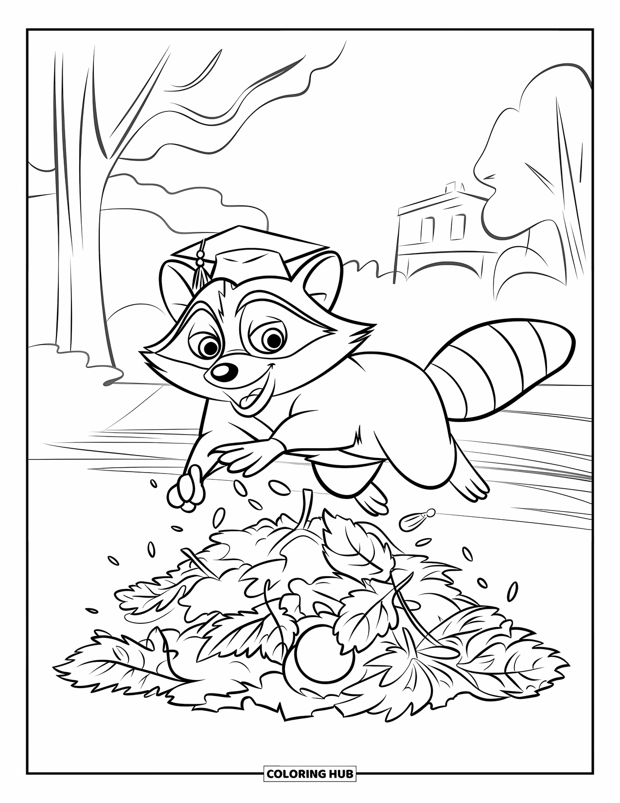 Raccoon Coloring Page for Kids: A raccoon in a tiny cap jumps over leaves hiding something shiny