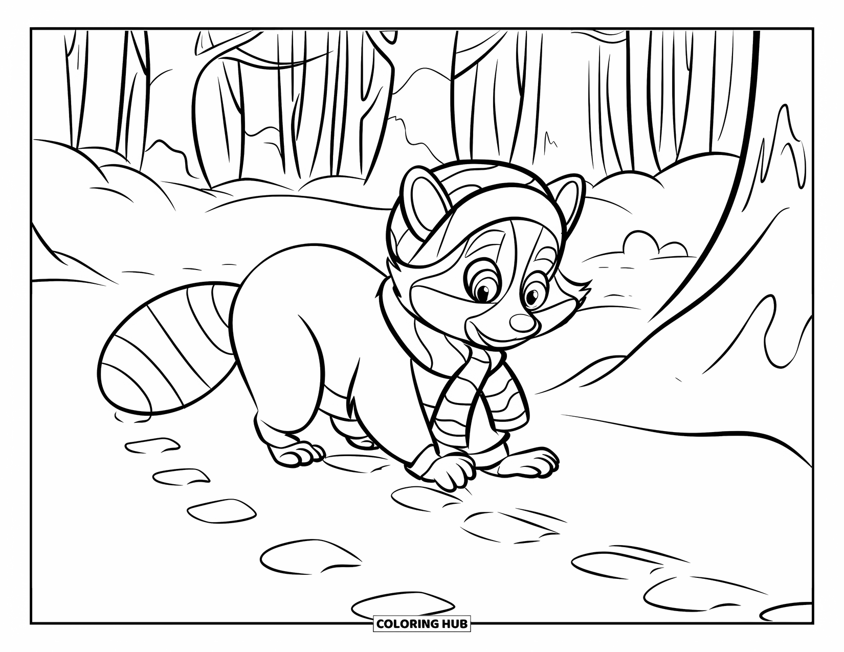 Raccoon Coloring Page for Kids: A raccoon in scarf and hat explores a snowy path lined with trees