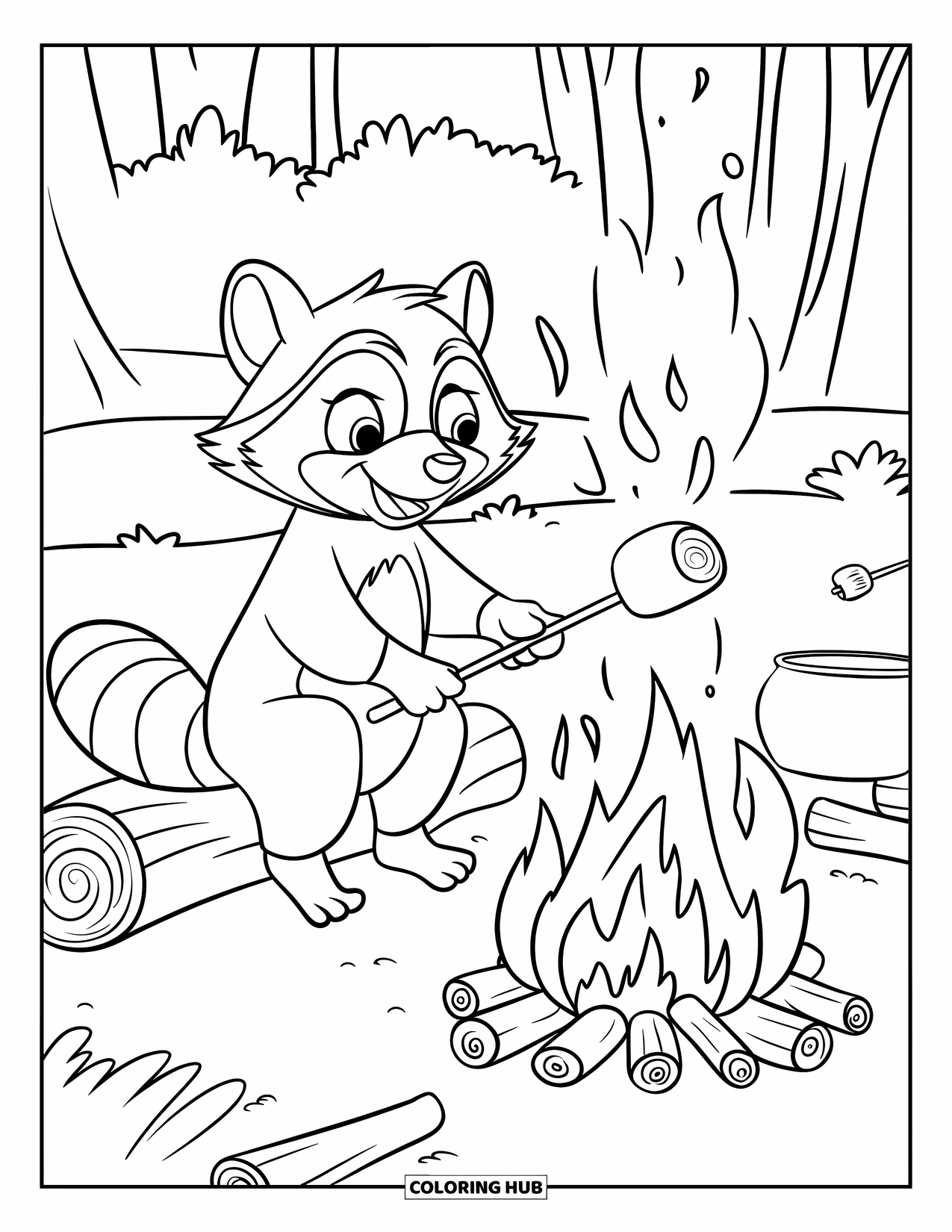Raccoon Coloring Page for Kids: A raccoon sits on a log roasting marshmallows near sticks and trees