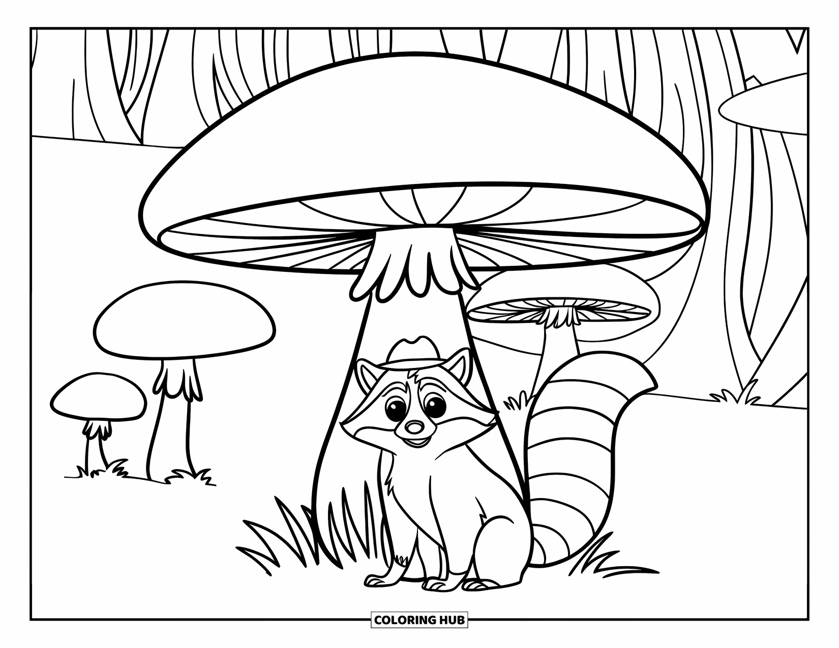 Raccoon Coloring Page for Kids: A raccoon with a bushy tail hides under a smooth-topped mushroom near trees