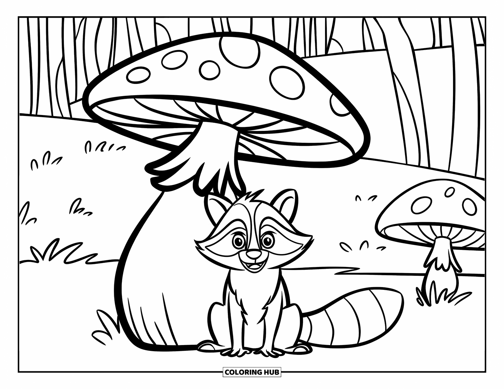 Raccoon Coloring Page for Kids: A raccoon with a hat rests under a tall mushroom in the forest