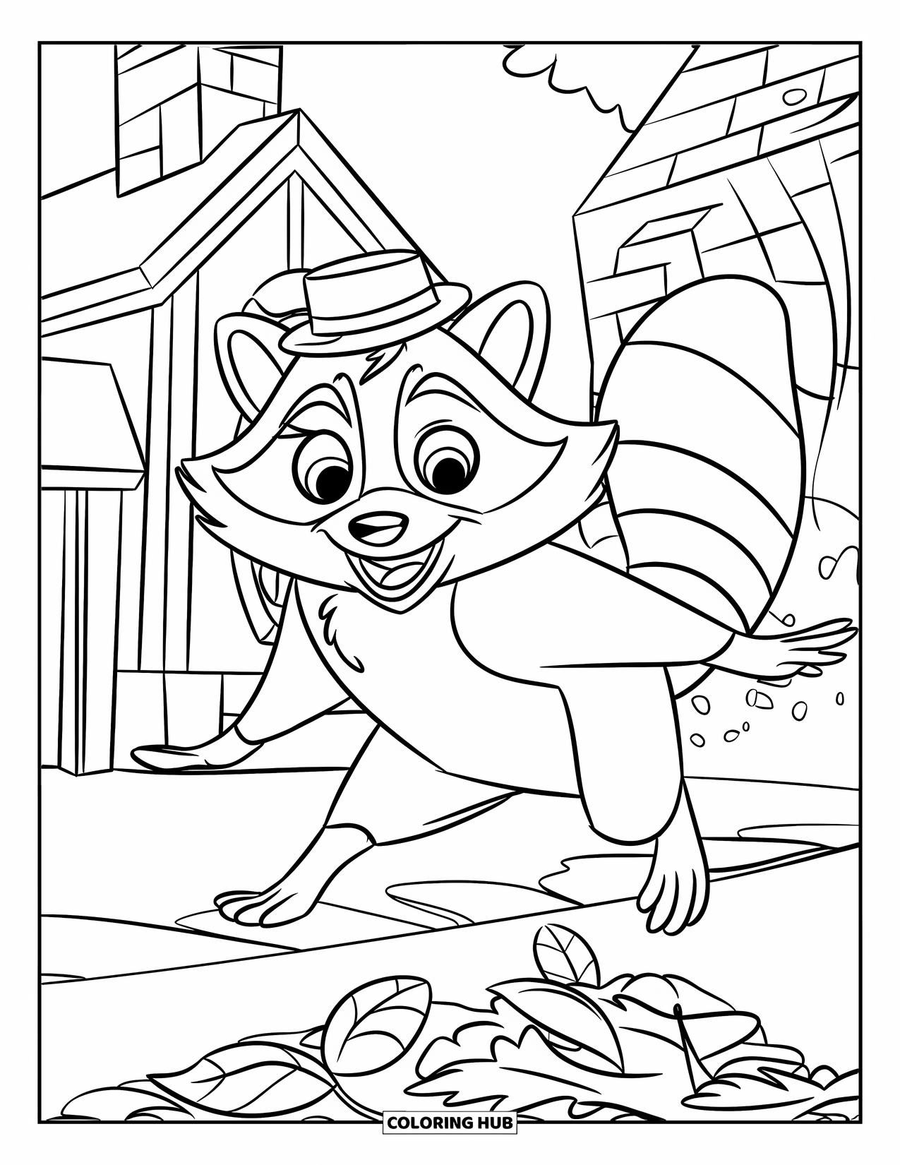 Raccoon Coloring Page for Kids: A raccoon with a mask and hat jumps over autumn leaves near a cottage