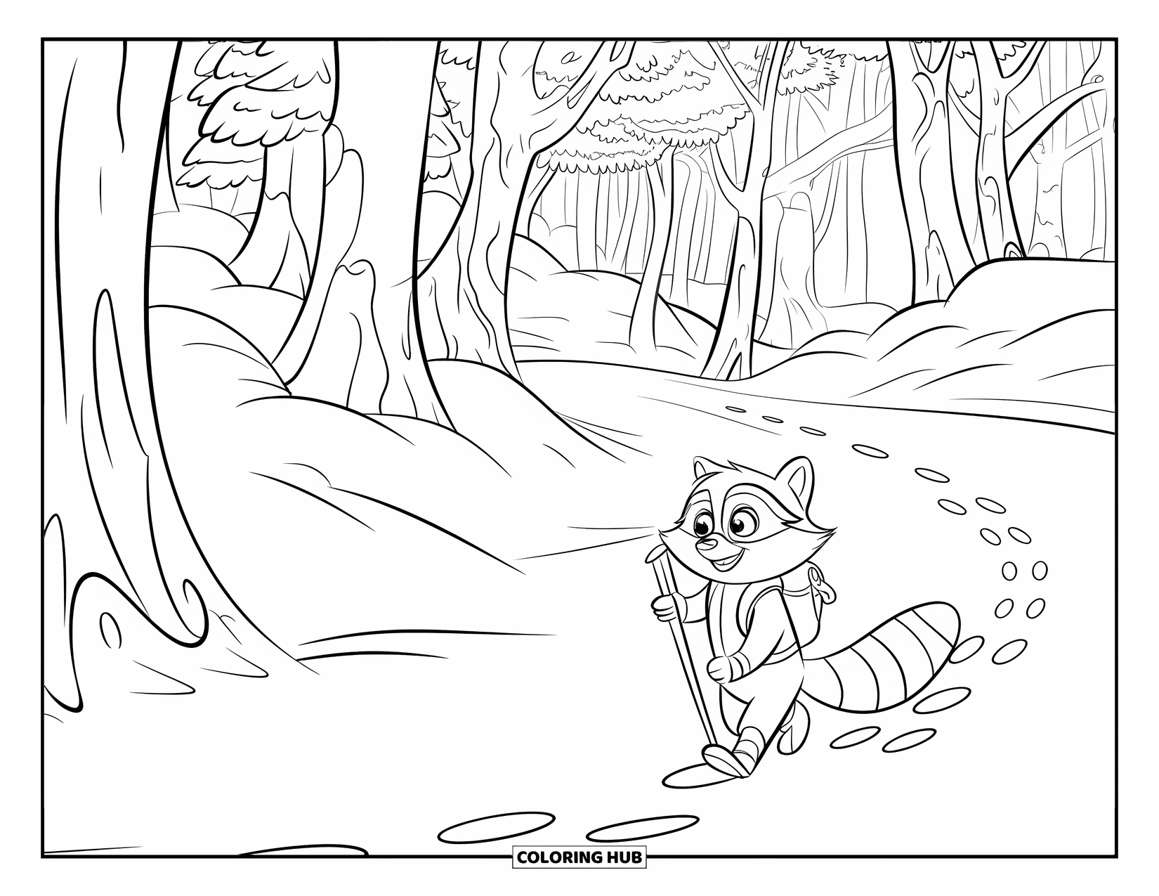 Raccoon Coloring Page for Kids: A raccoon with a stick and backpack wanders through a quiet snowy forest