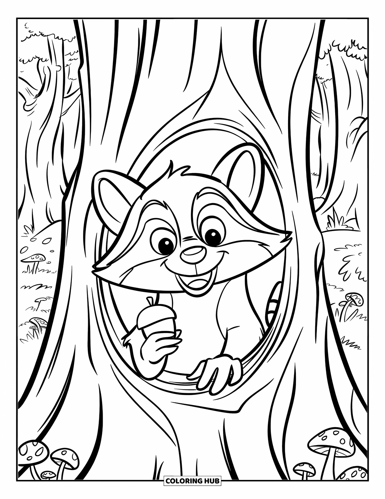 Raccoon Coloring Page for Kids: A raccoon with an acorn peeks from a tree surrounded by mushrooms