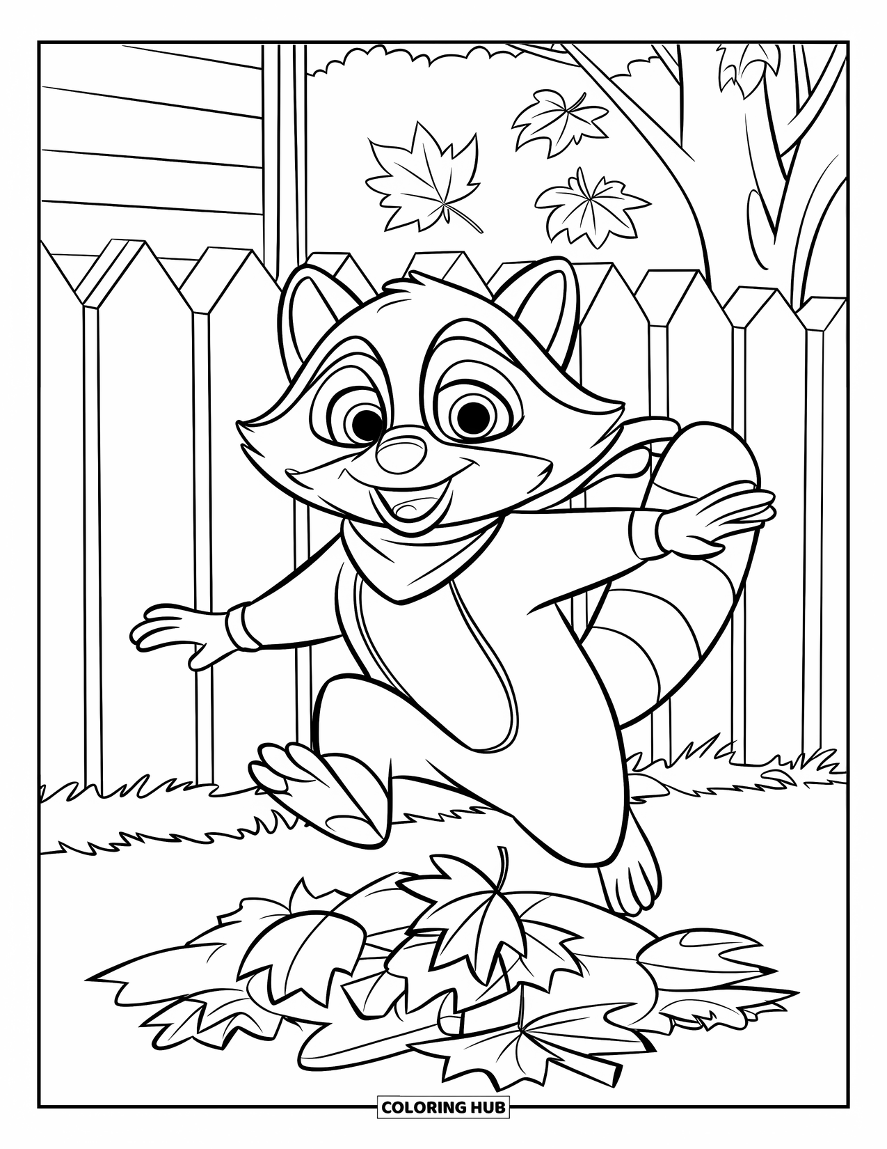 Raccoon Coloring Page for Kids: A scarfed raccoon leaps over leaves near a house and colorful tree