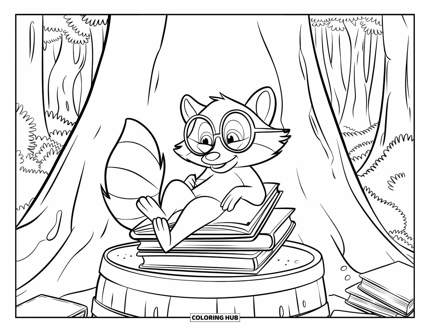Raccoon Coloring Page for Kids: A thoughtful raccoon with glasses rests on books near tall forest trees