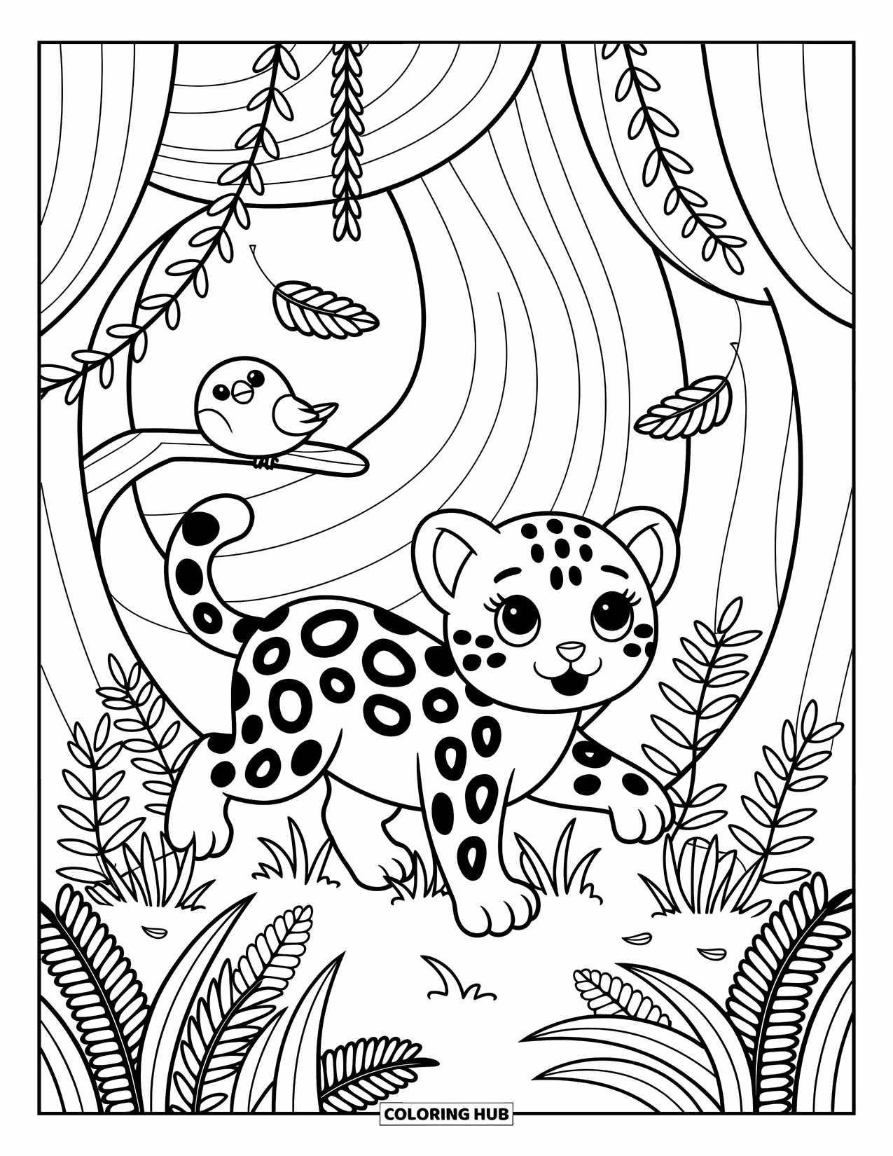 Rainforest Animals Coloring Page for Adults: A baby jaguar steps curiously through leafy vines as a bird watches from a branch