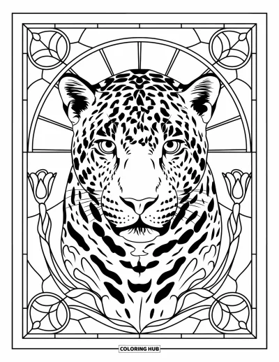 Regenwaldtiere-Ausmalbild für Erwachsene: Ein ausdrucksstarker Jaguar schaut geradeaus, umgeben von gespiegelten Blüten und Buntglas-Akzenten