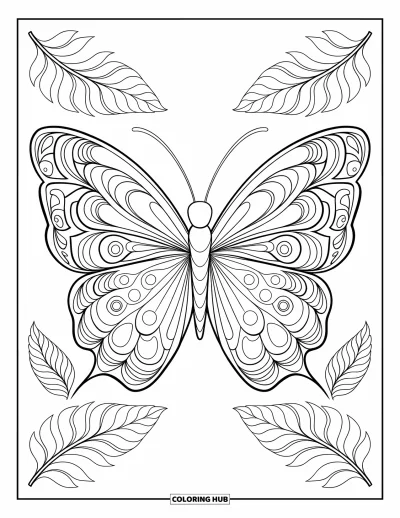 Regenwaldtiere-Ausmalbild für Erwachsene: Ein Schmetterling blickt geradeaus, umgeben von gespiegelten Regenwald-Blättern und Mandala-Blütenblättern