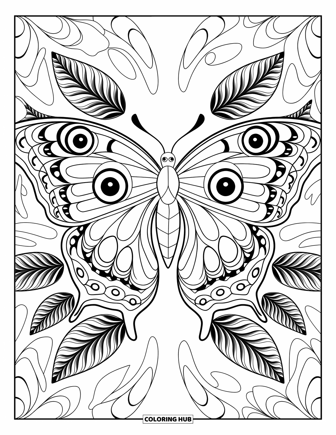 Rainforest Animals Coloring Page for Adults: A butterfly's face and antennae are framed by swirling leaves and mandala petals