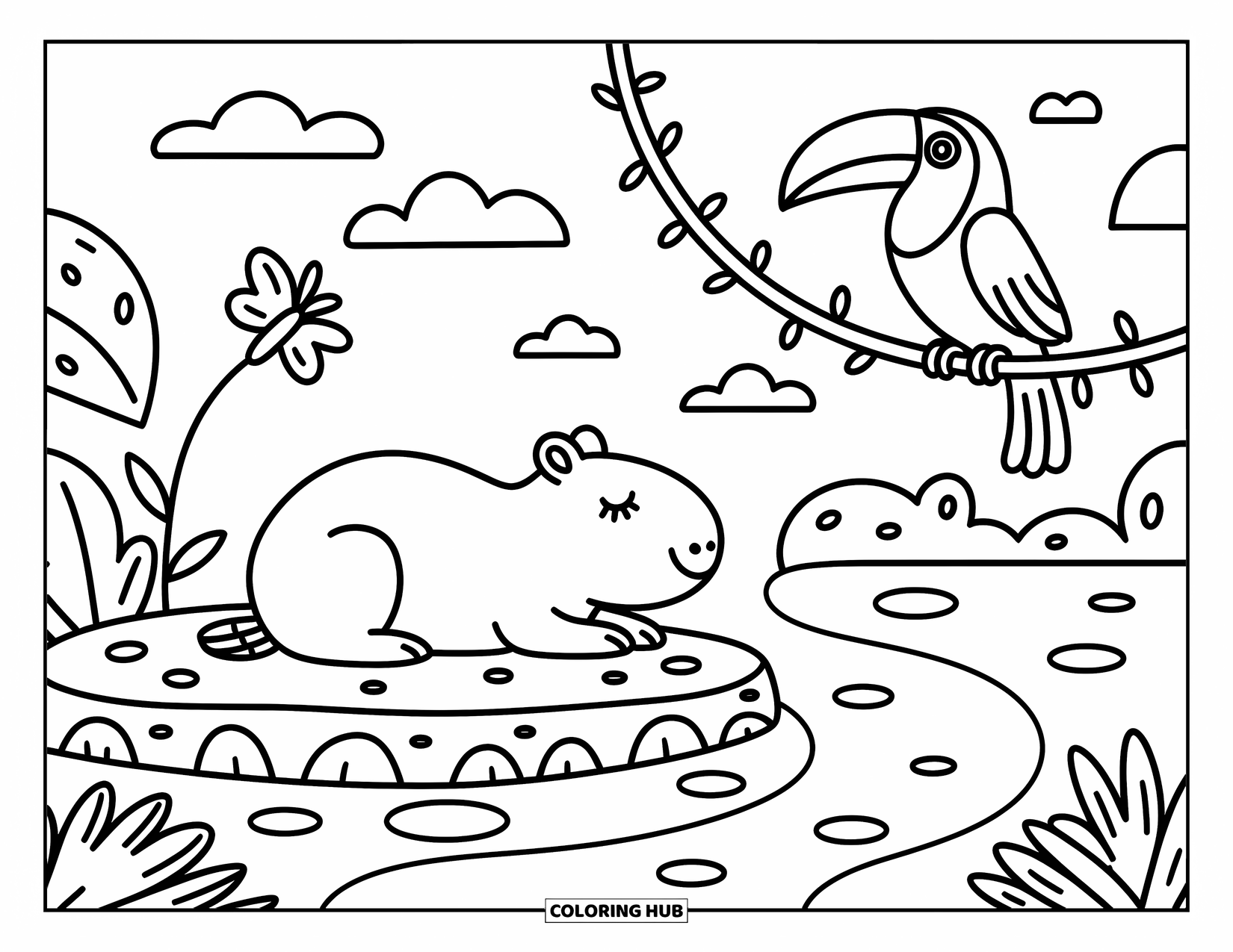 Rainforest Animals Coloring Page for Adults: A capybara naps on a mossy rock while a toucan and butterfly share the scene