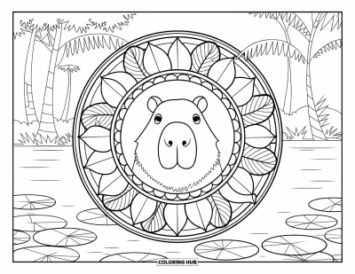 Regenwaldtiere-Ausmalbild für Erwachsene: Ein Wasserschwein mit sanftem Blick sitzt im Mittelpunkt eines Regenwald-Mandalas mit Seerosenblättern
