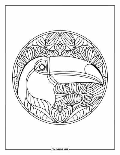 Regenwaldtiere-Ausmalbild für Erwachsene: Nahaufnahme von Schnabel und Auge eines Tukans, eingerahmt von tropischen Blüten in einem Kreis