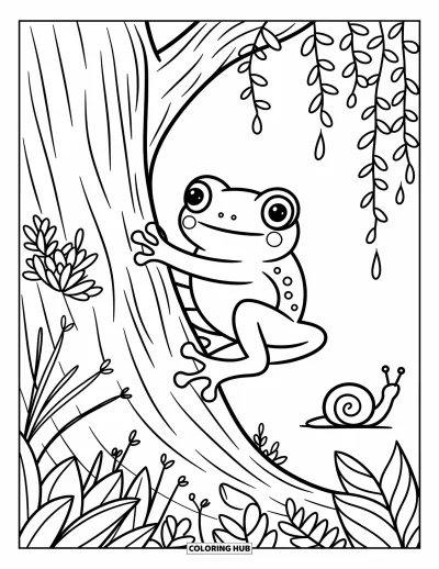 Regenwaldtiere-Ausmalbild für Erwachsene: Ein kleiner Frosch umarmt einen Baum, regenbenetzt Blätter und eine Schnecke teilen den Raum
