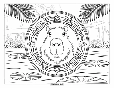 Regenwaldtiere-Ausmalbild für Erwachsene: Ein friedliches Wasserschwein ruht im Mittelpunkt eines Regenwald-Mandalas mit Seerosenblättern